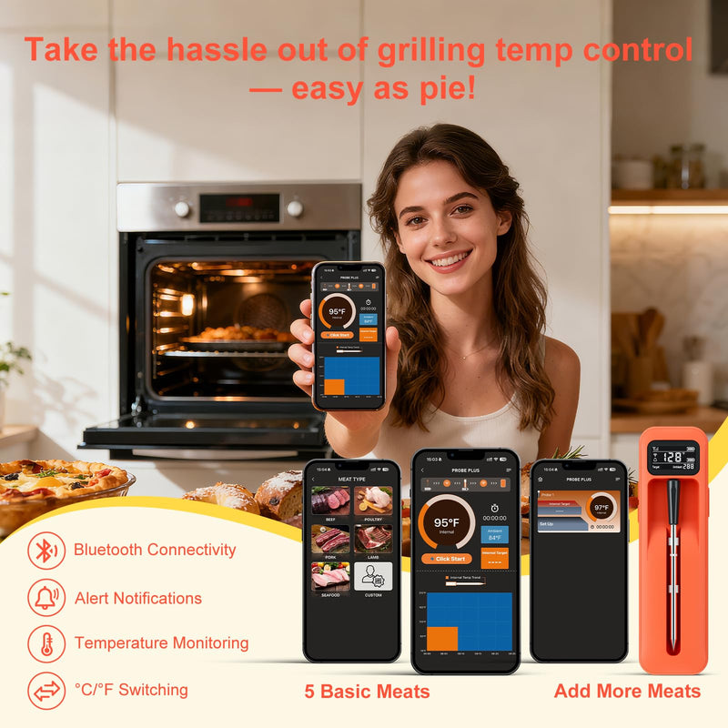 Smart Wireless Digital Meat Thermometer with Ceramic Probe, Food Thermometer Standalone Display Base 3000FT Range Real-time Monitoring ±0.5°F Accuracy,for BBQ/Oven/Grill/Smoker/Air Fryer 1 Probe