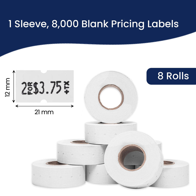 Perco 1 Line White Labels - 8 Rolls, 1 Sleeve, 8,000 Blank Price and Date Gun Labels for Perco 1 Line Price and Date Guns - Made in USA