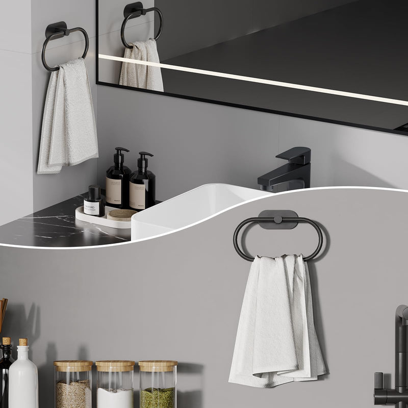 Adhesive Towel Holder for Bathroom Matte Black No Drill Hand Towel Ring Stainless Steel and Zinc Alloy Self Adhesive Towel Hanger for Bath, Kitchen