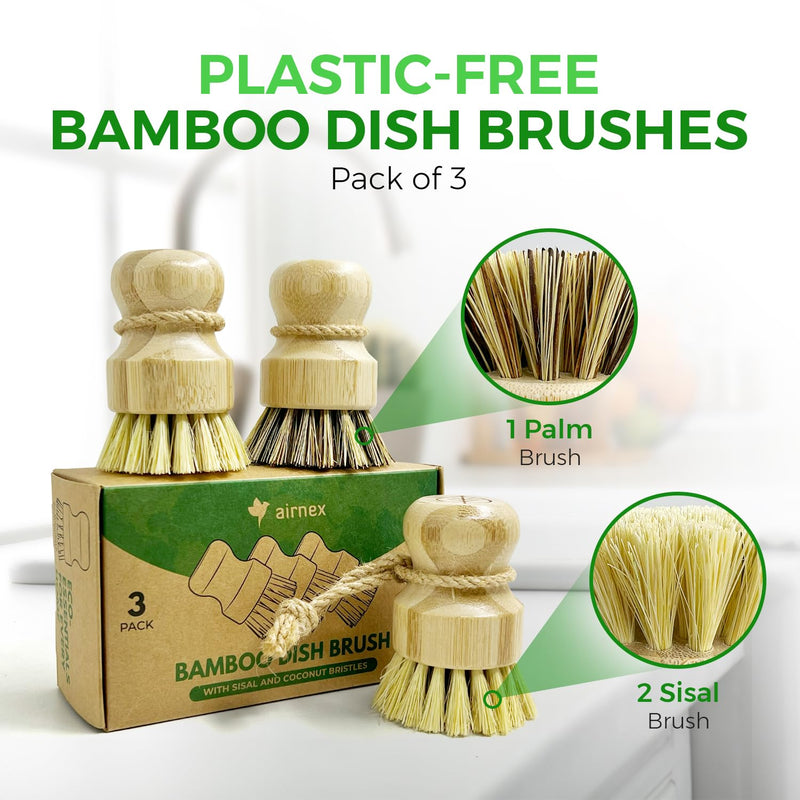 Bamboo Dish Brush Set of 3-100% Plastic Free Kitchen Scrubber with Medium Stiff Sisal and Strong Blend of Coconut Bristles - Non Scratch, Odor Free Wood Scrub for Pots, Pans and Vegetables 3 Pack