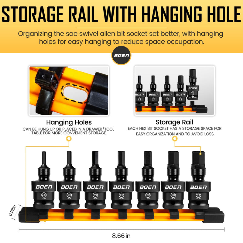 boen 3/8" Drive Universal Hex Bit Socket Set, 7-Piece SAE Impact Swivel Allen Bit Sockets, 360° Rotation Flexible Wobble Hex Bit Driver Socket Set, With Storage Rail, CR-MO Steel HEX-SAE