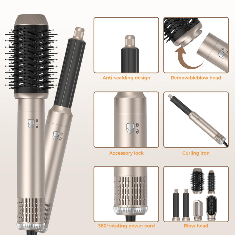 6 in 1 Hair Styler,Airbrush Air Styler 1000w Blow Dryer Brush Set | 30mm Air Curler, Hair Styling Tool Multistyler, Smooth Shine Volumize Curl Straighten Brush,Blow-Out Look Sliverygold