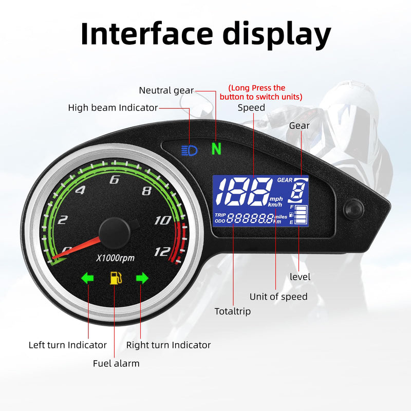 Universal Motorcycle Speedometer Gauge Digital Speedometer for Motorcycle LCD Gauge Cluster MPH Dashboard Speedo Meter with Tach, Odo, Oil Level, Gear