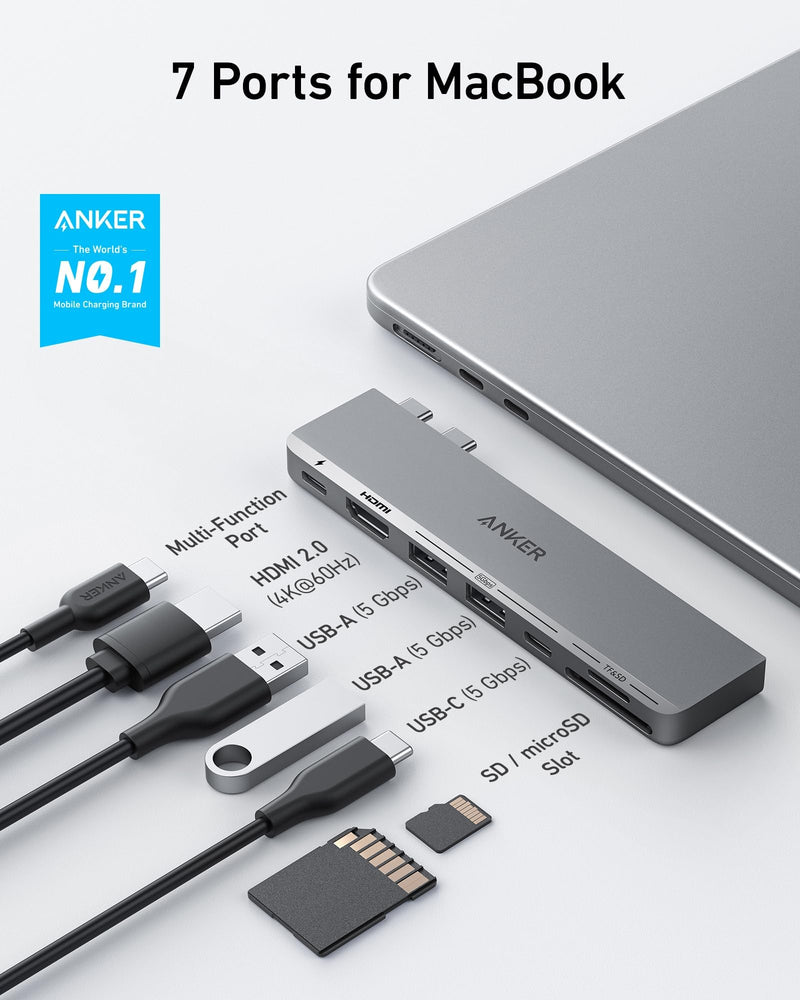 Anker USB-C Hub for MacBook, 7-in-2 Mac Dock with 4K@60Hz HDMI | Thunderbolt 4 Compatible, USB-C and 2 USB-A 5Gbps Data Ports, for MacBook Pro, MacBook Air M4/M5 and More (Not Work with Neo) 7-in-2 4K@60Hz