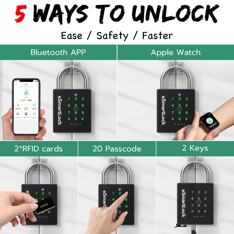 New Smart Padlock with Key, Heavy Duty Combination Padlock, RFID Pad Lock with Codes Bluetooth APP Access, Outdoor Waterproof Electronic Key Lock for Gate Fence Shed Locker Garage Garden Large