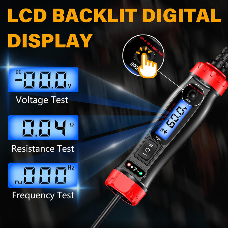 Power Circuit Probe Tester, 5-60V DC LCD Digital Automotive Test Light, Auto Voltage Tester with Voltmeter&Illumination, Car Fuse Relay Component Continuity Frequence Electrical Test Tool
