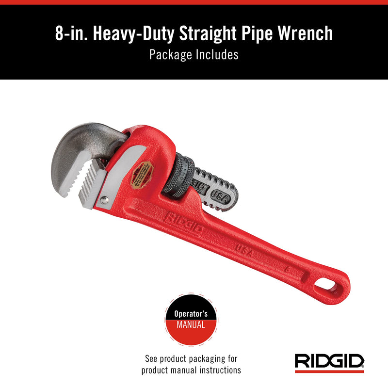RIDGID 31005 Model 8 Heavy-Duty Straight Pipe Wrench, 8-inch Plumbing Wrench, Small, Red