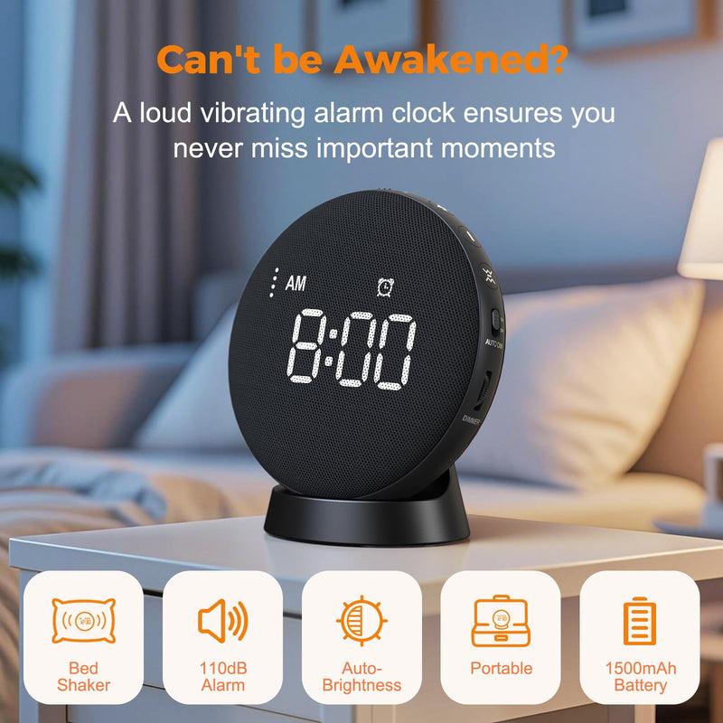 Gianna Vibrating Alarm Clock for Heavy Sleepers - 110dB Loud Alarm Clock, 3 Wake Modes, Auto-Dimming, Rechargeable Battery Operated Bed Shaker for Bedroom and Travel Black