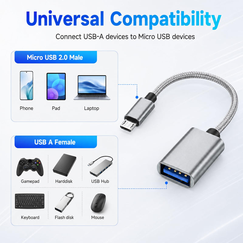 USB to Micro USB Adapter, 2 Pack On The Go Adapter Micro USB to USB OTG Cable Nylon Braided Aluminum Shells MicroUSB 2.0 OTG Cable Converter Compatible with Phone Flash Drive Mouse Keyboard Game