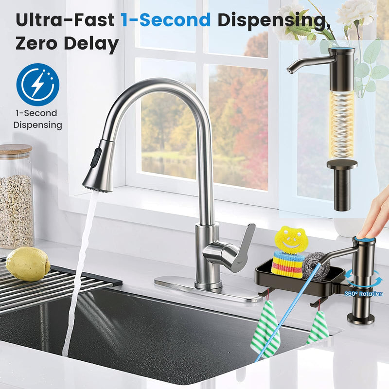 Soap Dispenser for Kitchen Sink, Built in Sink Soap Dispenser with Sponge Rack, Countertop Soap Dispenser Pump with Extension Tube kit, No More Refills,All Metal NO ABS (Grey) Gray