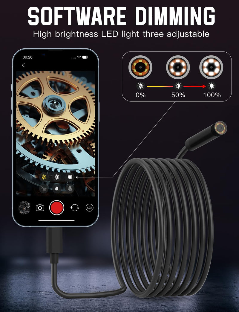 Endoscope Camera with Light 1920P HD, 6FT Semi-Rigid Snake, 8 Adjustable LED Light, 8mm IP67 Waterproof Inspection Camera for iOS