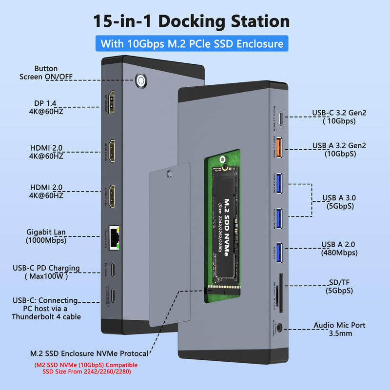 Laptop Docking Station 3 Monitors for Dell/HP/Lenovo/Mac, 15 in 1 USB C Docking Station Dual Monitor with M.2 NVMe SSD Slot, 4K@60Hz Triple Display Dock with HDMI/Displayport/PD/LAN/SD/TF/10Gbps USB
