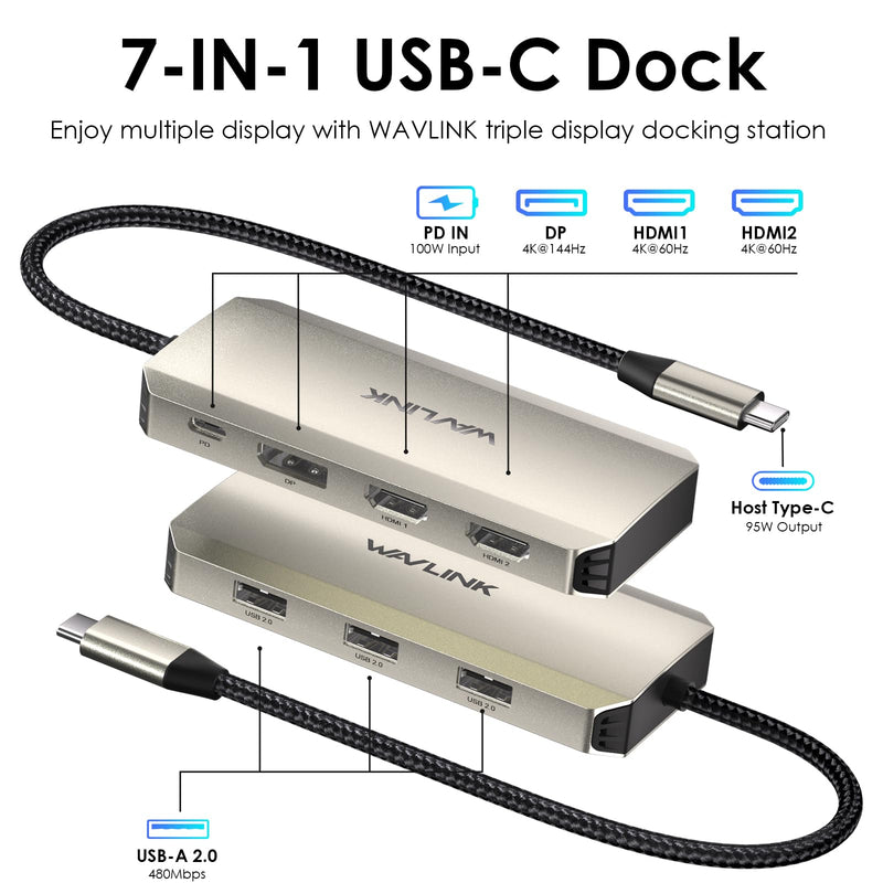 Laptop Docking Station, WAVLINK Triple 4K Docking Station with Dual HDMI, DP, 100W PD in, 3 USB-A2.0 for Wireless Device, Compatible with Dell/HP/Lenovo etc, Windows Systerm Computer Only