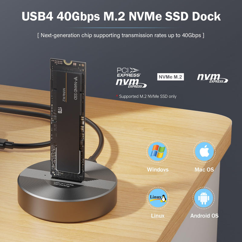 40Gbps USB 4 M.2 NVMe SSD to USB C Docking Station, M.2 SSD to USB C Reader Adapter for M.2 M Key, B+M Key PCIE NVMe SSD Dock, Size for 22110 2280 2260 2242 2230 Enclosure - Aluminum Alloy Pilot C50D-R