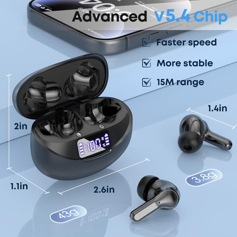 Wireless Earbuds Bluetooth 5.4 Headphones, Noise Cancelling Mic Ear Buds with 50H Playback, LED Digital Display, IPX7 Waterproof Earphones for Office/Running/Workout Jet Black