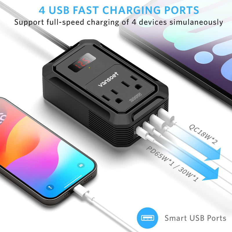 200W Car Power Inverter DC 12V to 110V AC Inverter with PD 65W/30W USB C & 2 QC 18W USB Ports & 2 AC Outlets,Car Pluɡ Adapter Outlet for Laptop/Phone/Road Trip Black