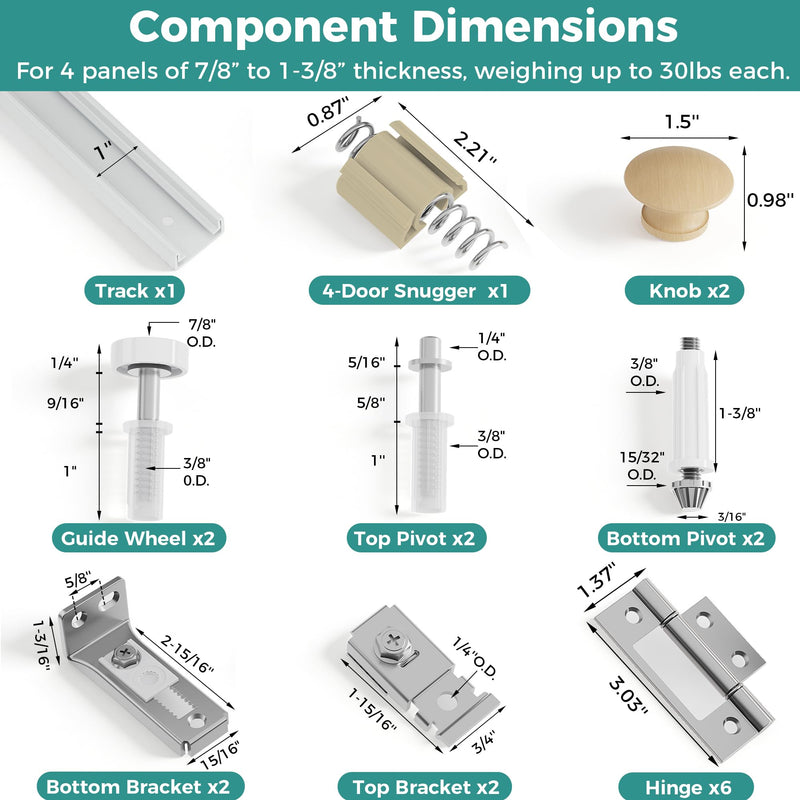 Closet Bifold Door Hardware & 48 Inch Track Kit, 4 ft Folding Door Bi-Fold Puerta Repair Replacement Part for Laundry, Include 4 Foot Rail Floor & Top Bracket Pivot Pin Guide Roller Hinge Knob 1 Pack-48" Track