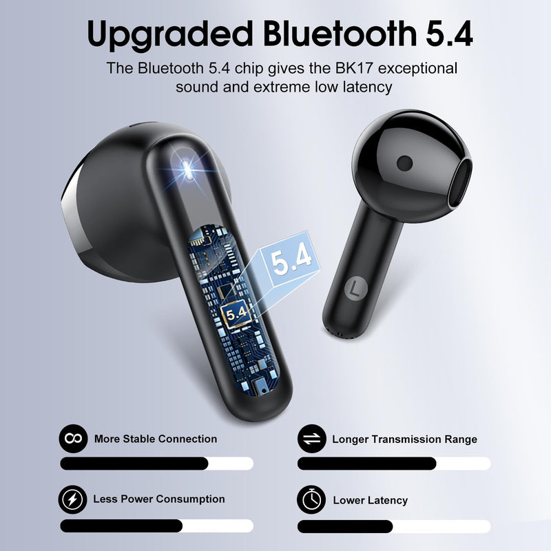 Wireless Earbuds, Bluetooth 5.4 Headphones with 3D Bass Stereo Sound, 40H In-Ear Buds with 6 ENC Noise Cancelling Mic, Ultralight Bluetooth Earbuds USB-C LED, IP7 Waterproof Earphones for Android iOS Black