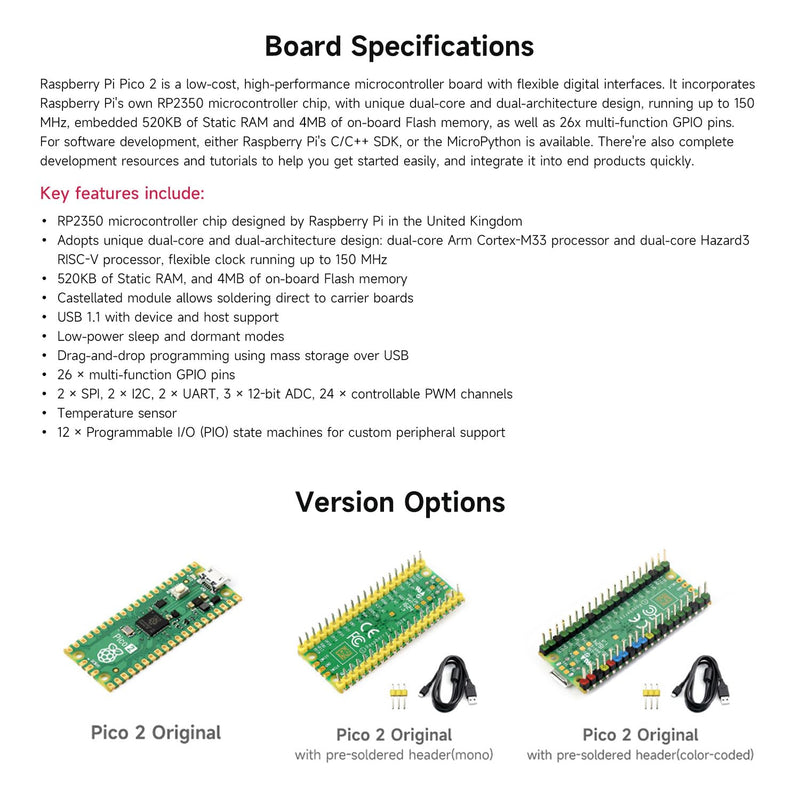 Waveshare 2PCS Raspberry-Pi-Pico-2-M, Compatible with Raspberry Pi Pico 2 Microcontroller Board, Based On Official RP2350 Chip, Dual-Core & Dual-Architecture Design, 3 Items, 2PCS Version