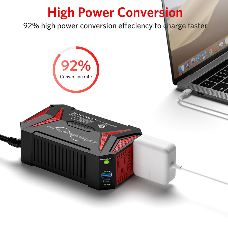 BESTEK 300W Pure Sine Wave Power Inverter - DC 12V to 110V AC Car Converter Plug Adapter Outlet with PD30W USB-C Fast Charger - Vehicle Cigarette Lighter Adapter for Laptop
