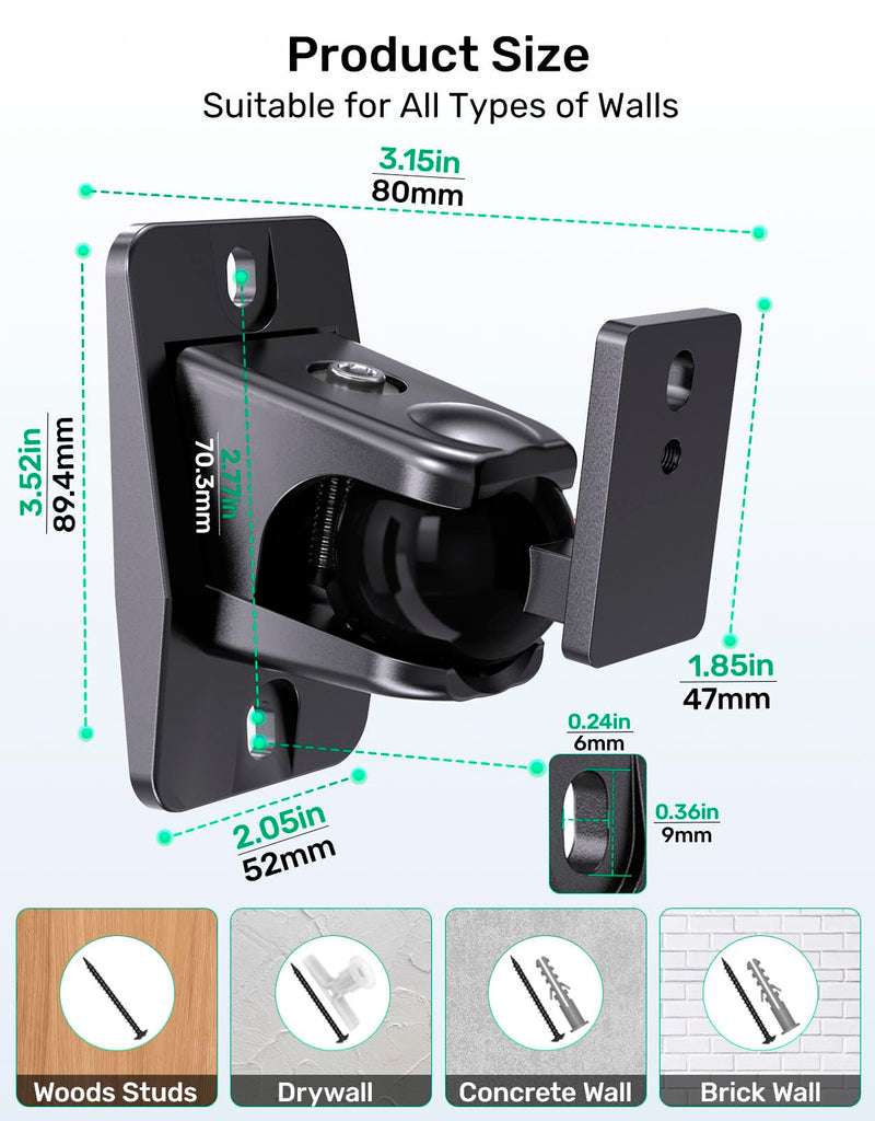 Surround Sound Rear Speaker Wall Mount 2 Pack, Keyhole Mount, Holds 11 lbs | Adjustable Angle, Aluminum Alloy, Keyhole Mount, Fits 1/4"-20, M4, M5, M6 Threads, Compatible with Roku, Samsung and Others