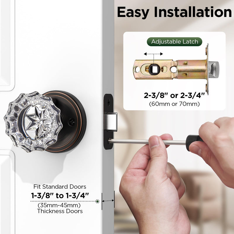1 Pack Crystal Door Knob, Rosette Shaped Glass Door Knobs Interior with Lock, Oil Rubbed Bronze Door Knobs Interior Glass 1