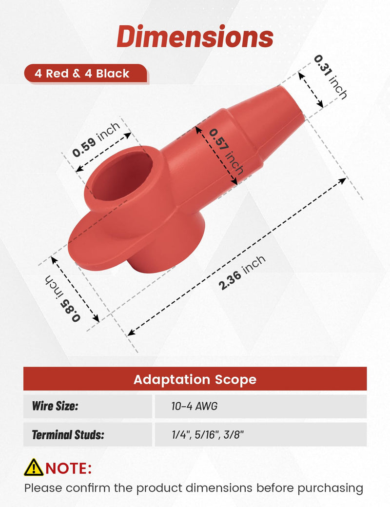 RED WOLF Silicone Battery Terminal Cover for 10-4AWG Wire, 8 Pack | For Positive & Negative Terminals, Insulated, Flame-Retardant, Tear-Resistant, Neat wiring, For Motorcycle Car Marine 10-4 AWG