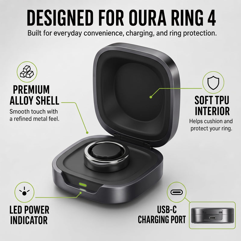 Travel Charging Case for Oura Ring 4 -Size 8, Alloy Portable Charging Case | 600mAh Built-In Power Up to 6 Ring Recharges Pocket-Ready Travel Design Multi-Protection Charging System