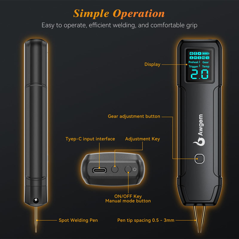 Battery Spot Welder, Awgem Battery Welder 99 Gear Handheld Spot Welder with LCD Screen Auto/Humanized Manual Modes, Portable Spot Welding Machine for Welding Nickel Strips and Iron SH2