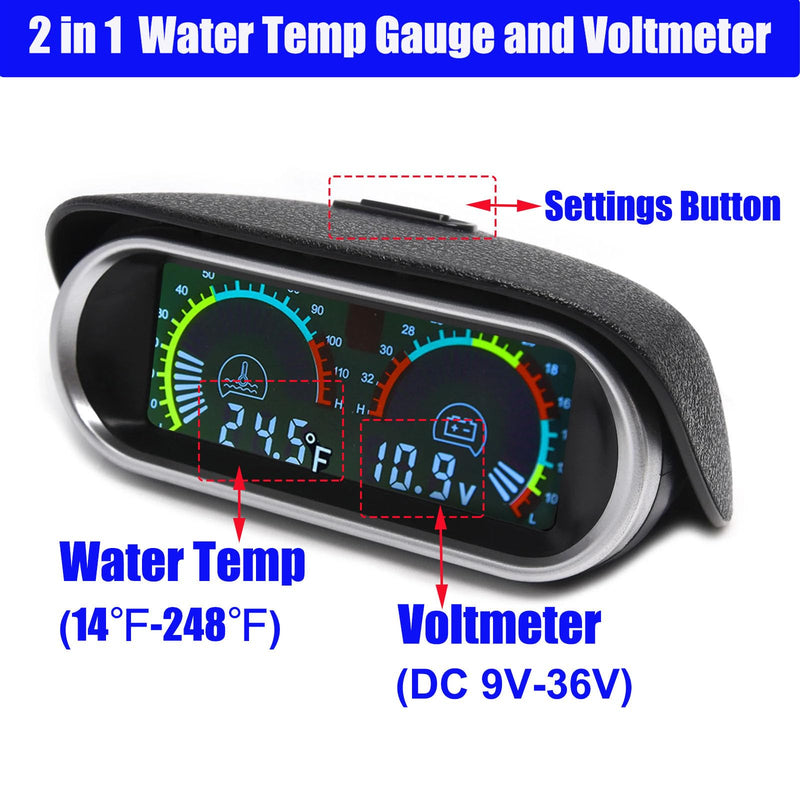 Digital 2-in-1 Water Temperature & Voltage Gauge with 1/8 NPT Sensor and 34mm Adapter 1.34"(34mm)