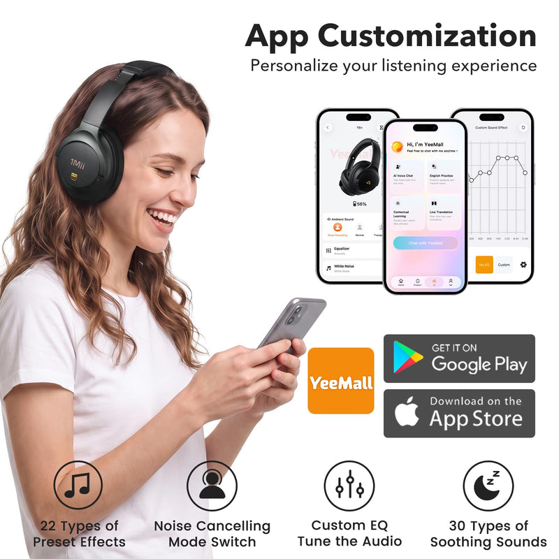 1Mii Hybrid Active Noise Cancelling Bluetooth Headphones with Game Mode | Over Ear Headphones Wireless Bluetooth 6.0 Low Latency, Hi-Res Audio, Clear Calls, 100H Battery Comfortable for Travel Office