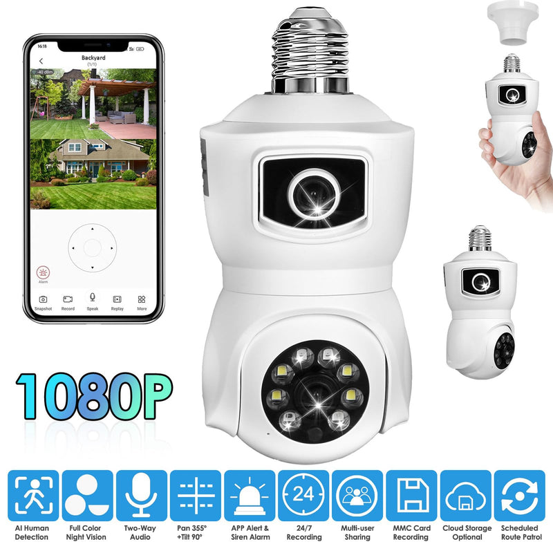 Light Bulb Security Cameras Wireless, 2.4GHz WiFi Light Socket Cam, E27 360° Light Socket Camera for Home Security, Night Vision, 2-Way Talk, Siren Alarm, Motion Detection