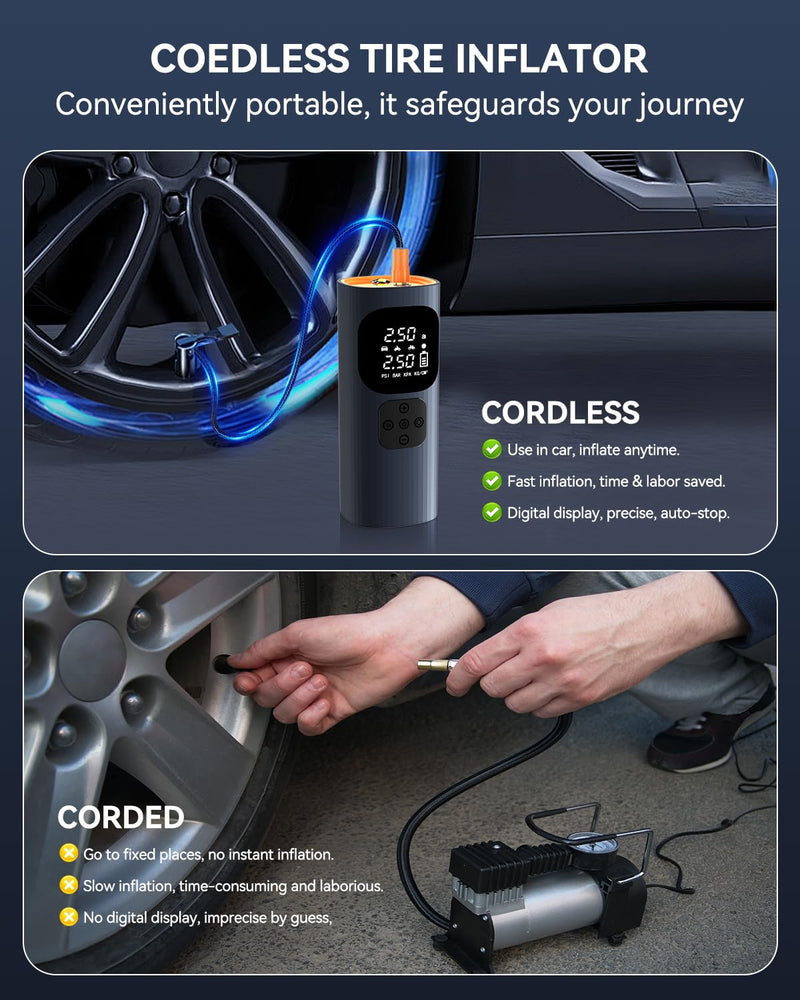  [AUSTRALIA] - Tire Inflator Portable Air Compressor 150 PSI Cordless Car Air Pump, 3X Faster Pump with 6000 mAh Rechargeable Battery, 12V DC, Digital Pressure Gauge, LED Light, For Auto, Bike, Motorcycle, Ball