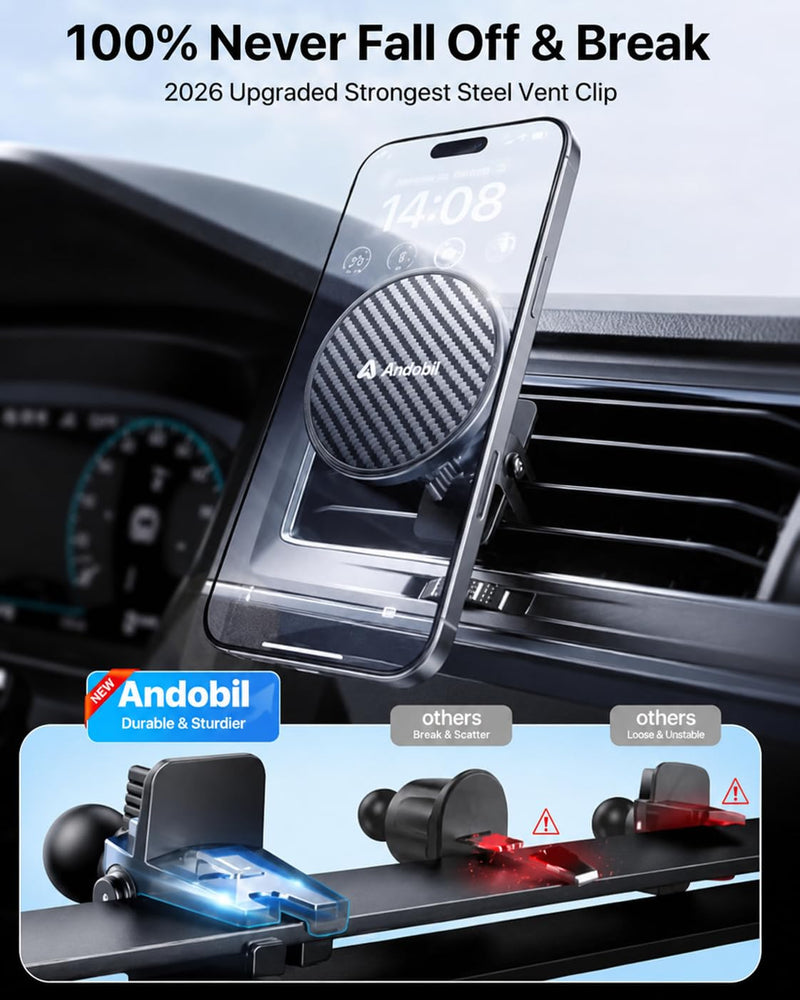 andobil for MagSafe Car Mount [20xN55 Strongest Magnet] Magnetic Phone Holder for Car Vent Stable Metal Clip 360 Adjustable Magnetic Car Phone Holder Mount for iPhone 17 Pro Max 16 15 14 13 Plus Mini
