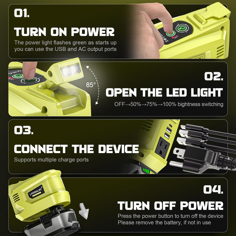 200W Real Power Inverter Compatible with Ryobi 18V, DC 18V to AC 110-120V Battery Inverter, LIVOWALNY Power Station Generator, Charger Adapter Battery Powered Outlet with 2 USB & 1 Type-C & 1 AC No Battery For Ryobi 18V