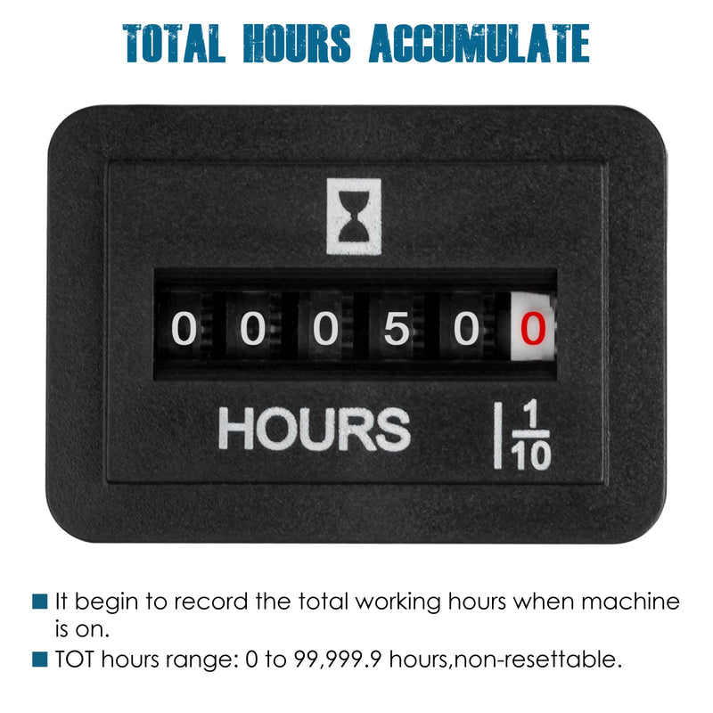 Runleader Mechanical Hour Meter for Maintenance,Volt.DC 6V to 80V for Lawn Mower Golf Cart Boat Forklift Motorhome Sawmil etc. DC 6V-80V