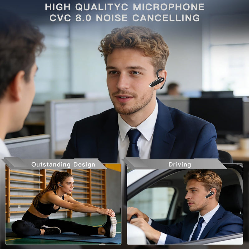 Bluetooth Headset V6.1 with 90Hrs Talk Time & 500mAh Charging Case, CVC 8.0 ENC Noise Cancelling Mic – Wireless Earpiece Single Ear Hands-Free Headphones for Office Trucker Driving Business - Black