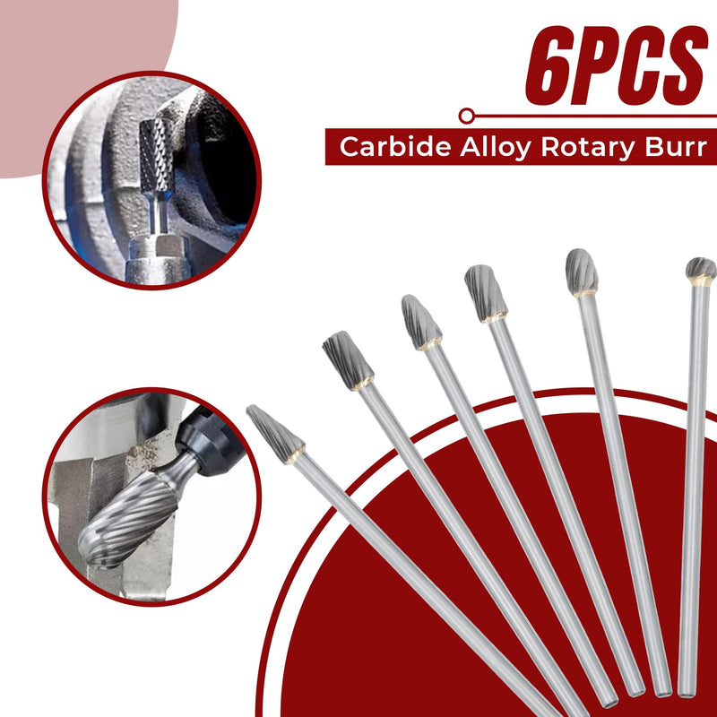 findmall 6Pcs Carbide Alloy Rotary Burr Set 6mm(1/4") Shank 10mm Head 150mm Length for DIY Woodworking Metal Carving Polishing Engraving Drilling