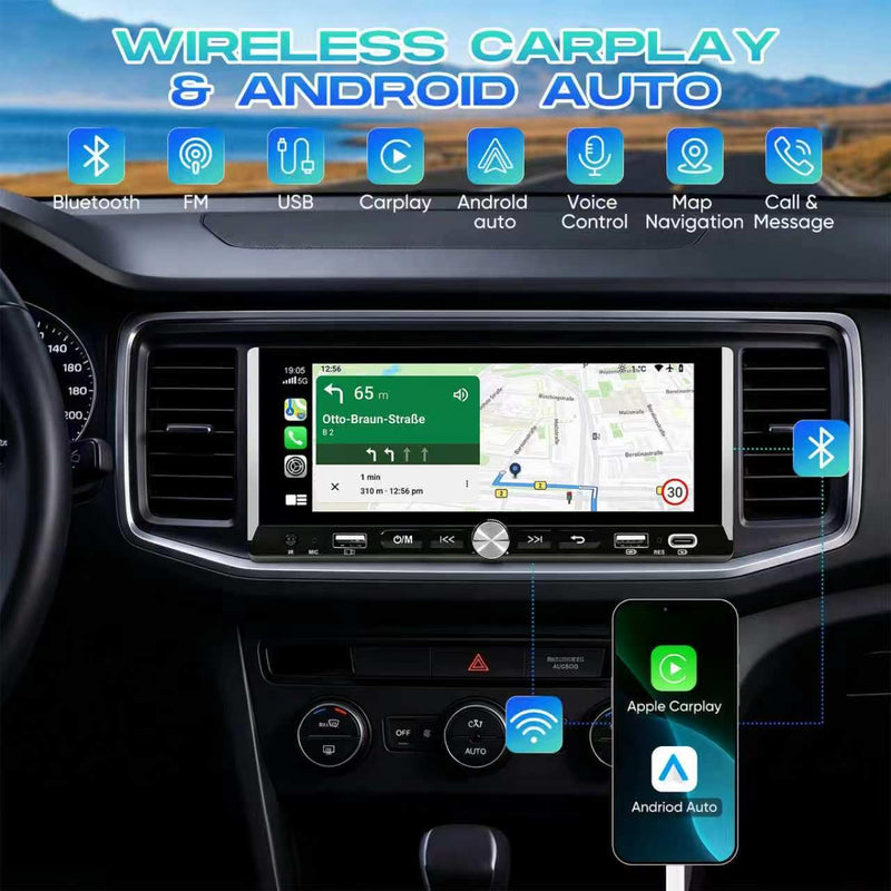 6.9" Single Din Radio Support Wireless Apple Carplay & Android Auto | Touchscreen Car Stereo with Bluetooth,1080P Backup Camera ,Mirror Link FM EQ SWC Navigation USB Type-C Fast Charging