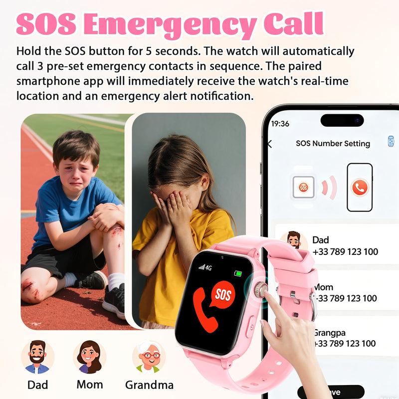 4G Kids Smart Watch for Boys Girls with GPS Tracker, SOS, Two Way Call Video Calling Voice Chat,School Mode, Alarm Clock,Safe Zones,Pedometer,Stopwatch,Games Children Smartwatch for 4-12 (4G Pink) 4G Pink