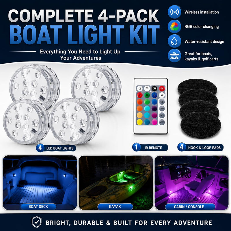 Shangyuan Boat Lights Wireless, Battery Powered Operated Marine Led Interior Light for Boat Deck Courtesy Light, for Fishing Pontoon Sailboat Kayak, Remote Control Multi Color Changing, RGB, 4PCS
