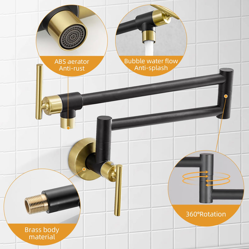 Fransiton Black Gold Pot Filler, Pot Filler Faucet Wall Mount, Brass Folding Stretchable with Double Joint Swing Arm Single Hole Two Handles Kitchen Black & Gold