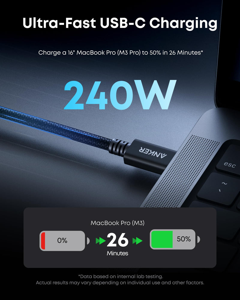 Anker Prime Thunderbolt 5 Cable, 3.3 FT USB C to USB C Cable, 240W Charging, 80Gbps Data Transfer, Up to 120Gbps Bandwidth, 8K/4K Displays, for iPhone 16, MacBook, and More (Thunderbolt 5-Certified) 3.3FT