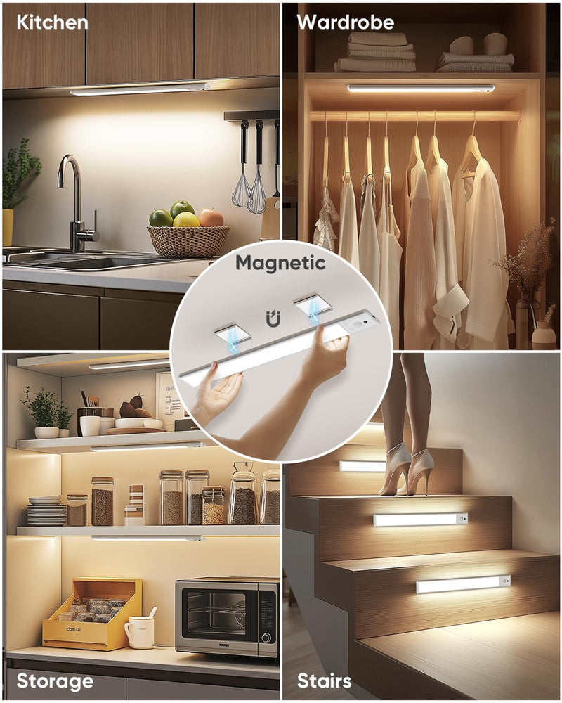 Under Cabinet Lighting Wireless, Rechargeable 62 LED Motion Sensor Light Indoor, 3 Color Temps Closet Lights with Remote Control, Dimmable Magnetic Under Counter Lights for Kitchen, Stairs, 4 Pack White-13 Inch