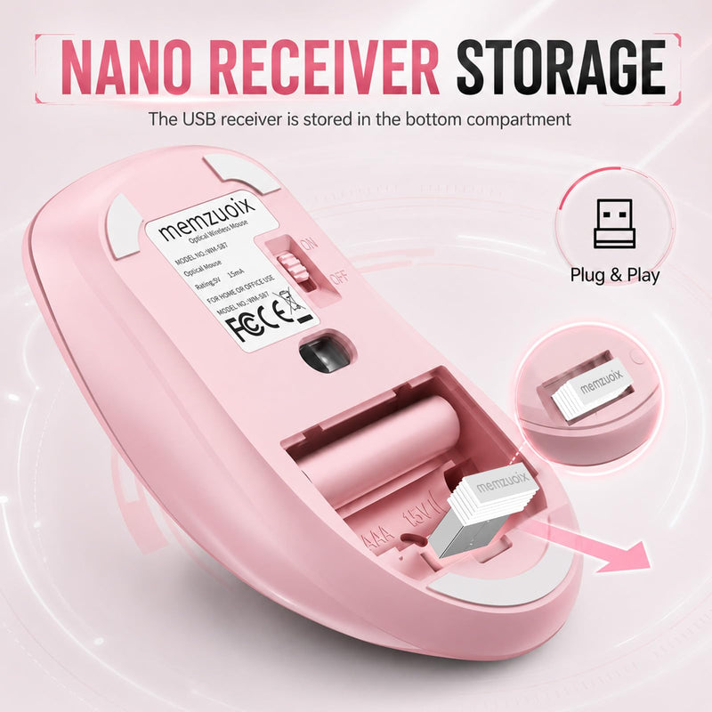 memzuoix 2.4G Silent Wireless Mouse, 1400 DPI Mobile Optical Cordless Mouse with USB Receiver, Portable Computer Mice for Laptop, PC, Desktop, MacBook, 5 Buttons (Pink) Pink