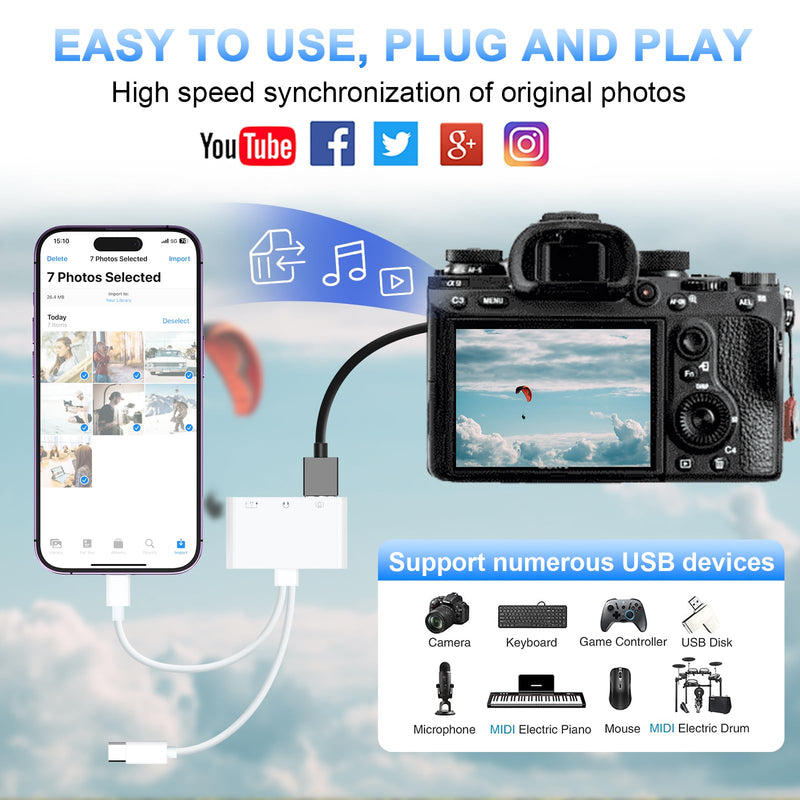 USB C Lightning to USB Camera Adapter with Charging Port [MFi Certified] USB C to USB OTG Adapter with USB+USB C Charging+3.5mm Headphone for iPhone 15/iphone/iPad to USB Flash Drive Reader/Keyboard USB Camera Adapter 1