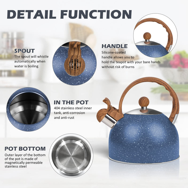 Whistling Tea Kettle for Stovetop, 2.6 Quart Stainless Steel Water Teapot Boilers for Stovetops, Induction Stone Kettle with Loud Whistle - Perfect for Preparing Hot Water, Coffee,Milk (Blue) Blue