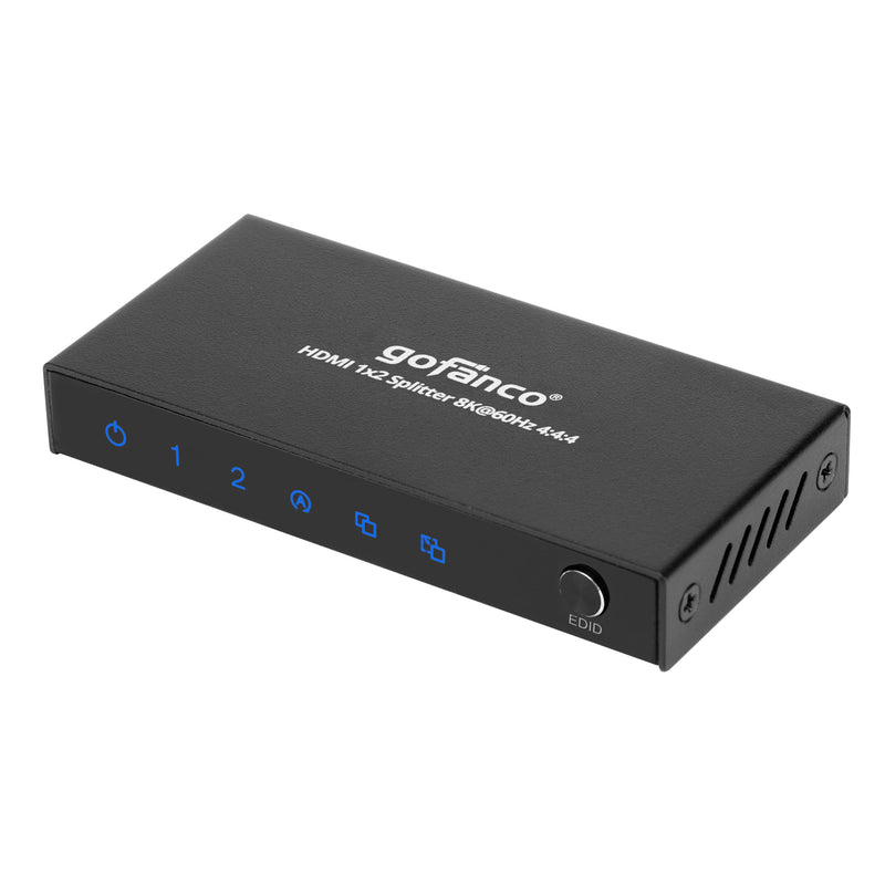 gofanco 8K 60Hz 1x2 HDMI Splitter – 8K @60Hz 444, 4K @144Hz/120Hz, 1080p @240Hz, VRR, ALLM, CEC, Auto Downscale, HDCP 2.3/2.2/1.4, EDID, HDR10/HDR10+, LPCM/DTS/DD/Atmos (HDsplit8K-2P) 1x2 8K 60Hz HDMI Splitter