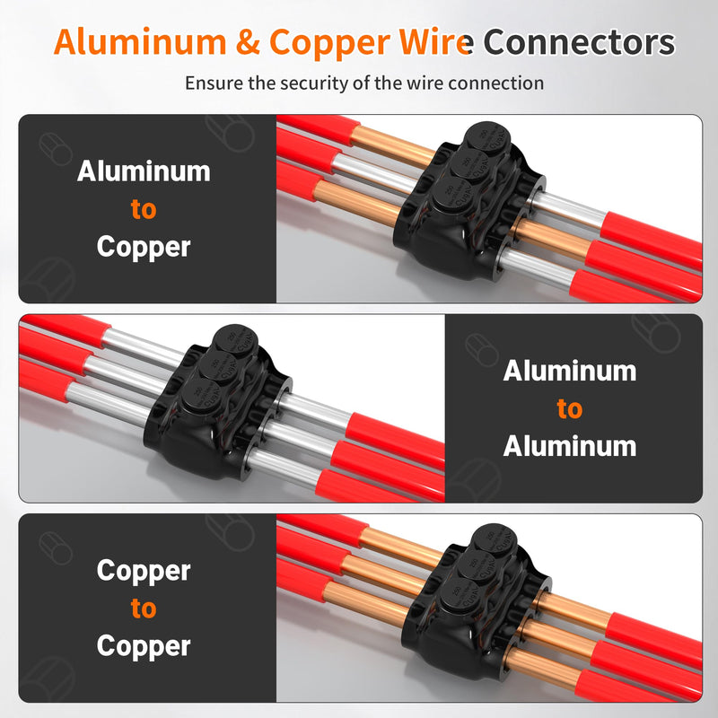 Joinfworld 3 Port Insulated Multi Tap Connector 250MCM-6 Gauge Wire Connectors Aluminum to Copper Wire Connectors Dual Entry Black Electrical Cable Connectors with Slotted Allen Hex - 4 Pack 250MCM-6 AWG