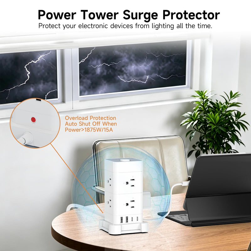 Power Strip Tower with 8 AC Outlets 4 USB Ports (2 USB-C), Surge Protection 3M Extension Cord Flat Plugs Charging Tower for Home Office Desk, White
